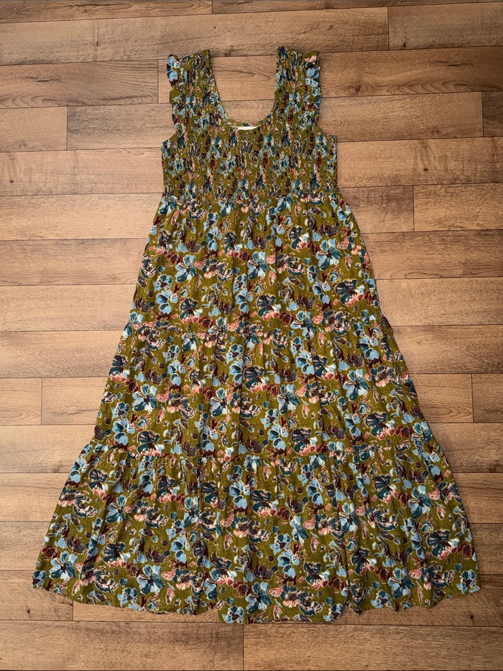 Natural Life Size Large Olivia Smocked Maxi Dress In Olive Floral Vacation Comfy - Picture 3 of 14